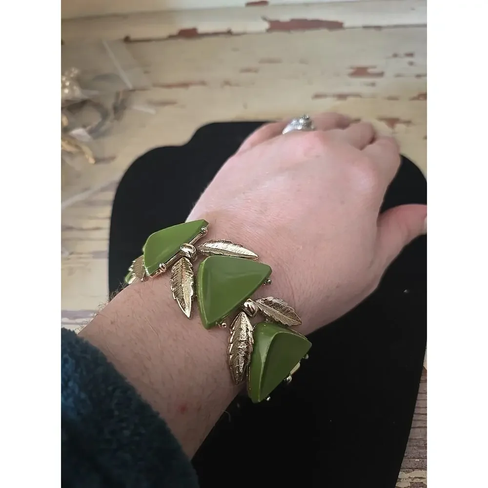 Vtg Silver Tone Leaf Green Triangle Cabochon Statement‎ Fashion Jewelry Bracelet